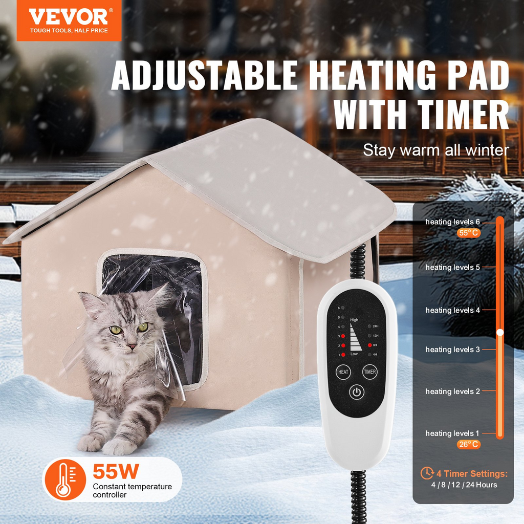 Glamorous Pups : VEVOR Elevated Heated Cat House – Medium Outdoor Kitty Shelter with Adjustable Thermostat & Timer | 600D Oxford Cloth Foldable Cat Shelter with Heated Pad (Coffee Brown)