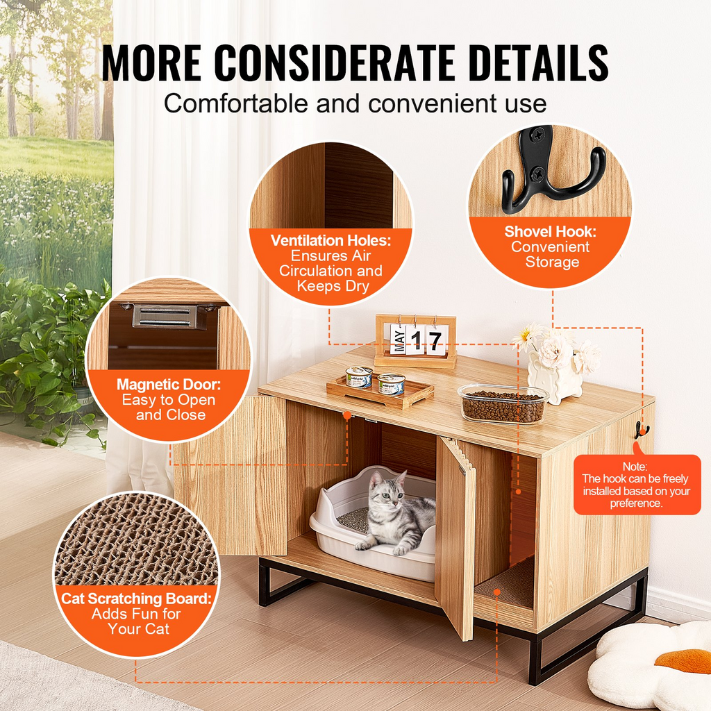 Glamorous Pups : VEVOR Cat Litter Box Enclosure | 31.5" Hidden Litter Box Furniture with 2 Doors & Sturdy Metal Legs | Wooden Cat Washroom Indoor Cabinet, Natural Finish