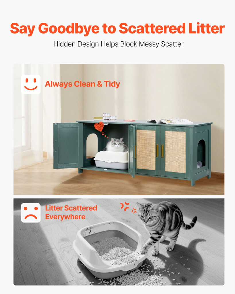 Glamorous Pups : VEVOR Cat Litter Box Enclosure for Multi Cats – 47.2" Hidden Litter Box Cabinet with 4 Rattan Doors & Dual Entries | Retro Green Wooden Cat Washroom Furniture with Gold Handles