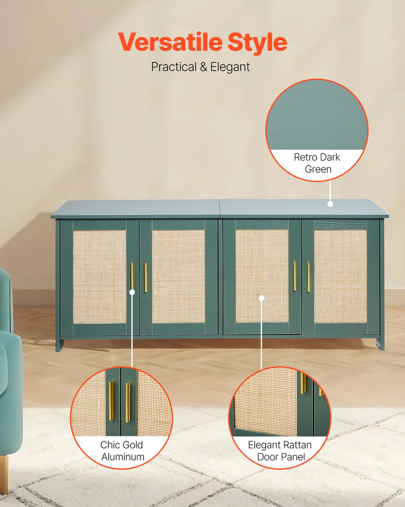 Glamorous Pups : VEVOR Cat Litter Box Enclosure for Multi Cats – 47.2" Hidden Litter Box Cabinet with 4 Rattan Doors & Dual Entries | Retro Green Wooden Cat Washroom Furniture with Gold Handles