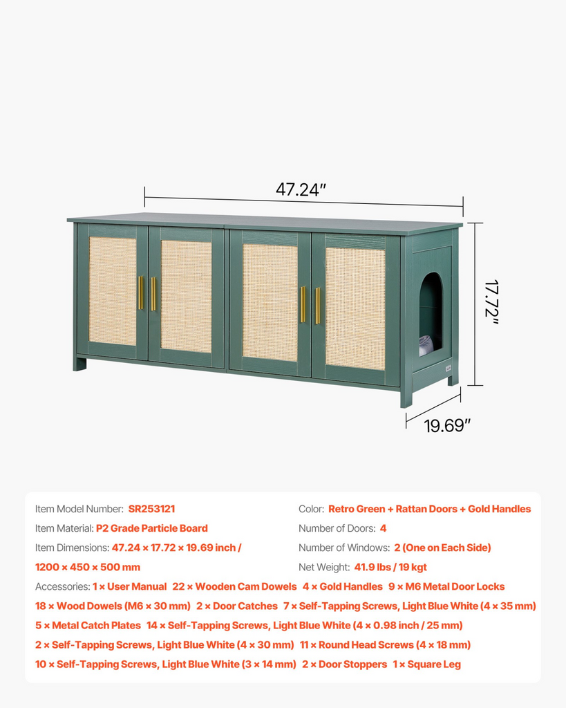 Glamorous Pups : VEVOR Cat Litter Box Enclosure for Multi Cats – 47.2" Hidden Litter Box Cabinet with 4 Rattan Doors & Dual Entries | Retro Green Wooden Cat Washroom Furniture with Gold Handles
