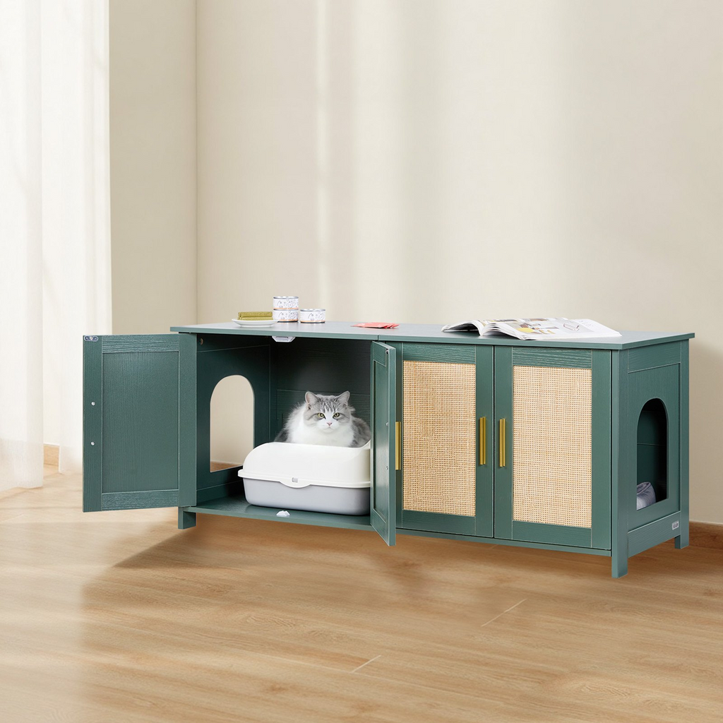 Glamorous Pups : VEVOR Cat Litter Box Enclosure for Multi Cats – 47.2" Hidden Litter Box Cabinet with 4 Rattan Doors & Dual Entries | Retro Green Wooden Cat Washroom Furniture with Gold Handles