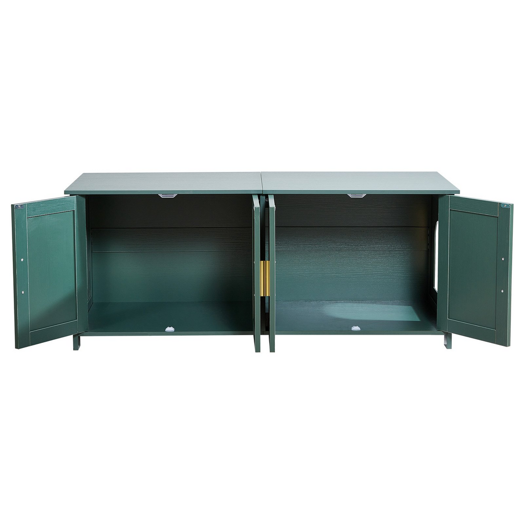 Glamorous Pups : VEVOR Cat Litter Box Enclosure for Multi Cats – 47.2" Hidden Litter Box Cabinet with 4 Rattan Doors & Dual Entries | Retro Green Wooden Cat Washroom Furniture with Gold Handles