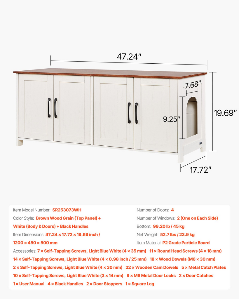 Glamorous Pups : VEVOR Cat Litter Box Enclosure for Multi Cats – 47.2" Hidden Litter Box Cabinet with 4 Doors & Dual Entries | Modern Brown & White Wooden Cat Washroom Furniture for Indoor Homes