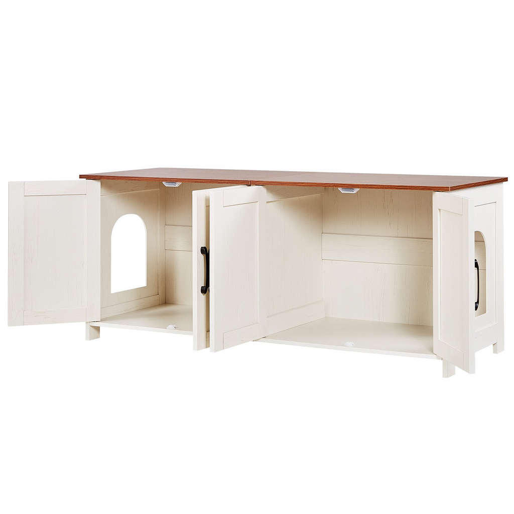 Glamorous Pups : VEVOR Cat Litter Box Enclosure for Multi Cats – 47.2" Hidden Litter Box Cabinet with 4 Doors & Dual Entries | Modern Brown & White Wooden Cat Washroom Furniture for Indoor Homes