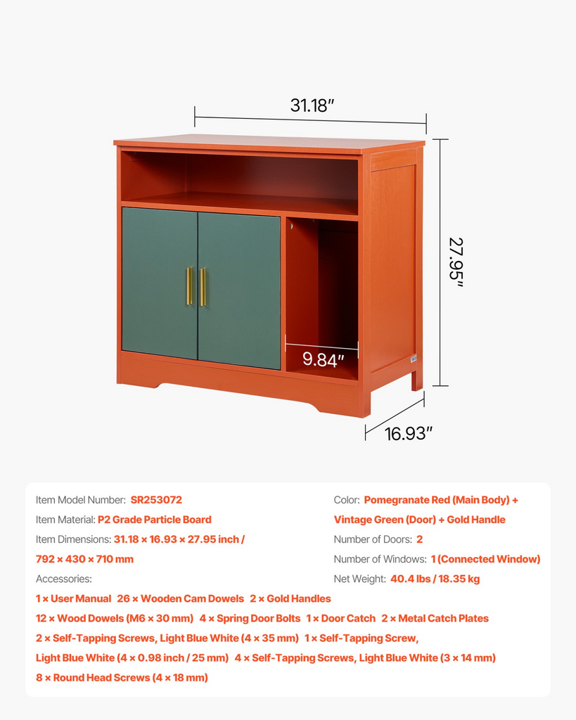 Glamorous Pups : VEVOR Cat Litter Box Enclosure – 31" Hidden Litter Box Cabinet with Shelf & Storage | Modern Red & Green Wooden Cat Washroom End Table, Fits Most Litterboxes