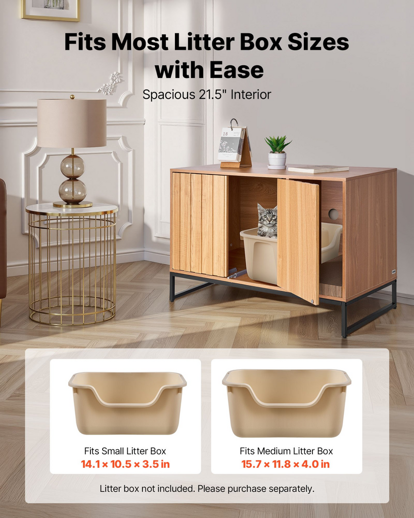 Glamorous Pups : VEVOR Cat Litter Box Enclosure Furniture – 31.5" Hidden Litter Box Cabinet with Scratch Pad & Storage | Waterproof Cat Washroom End Table & Cat House for Bedroom or Living Room