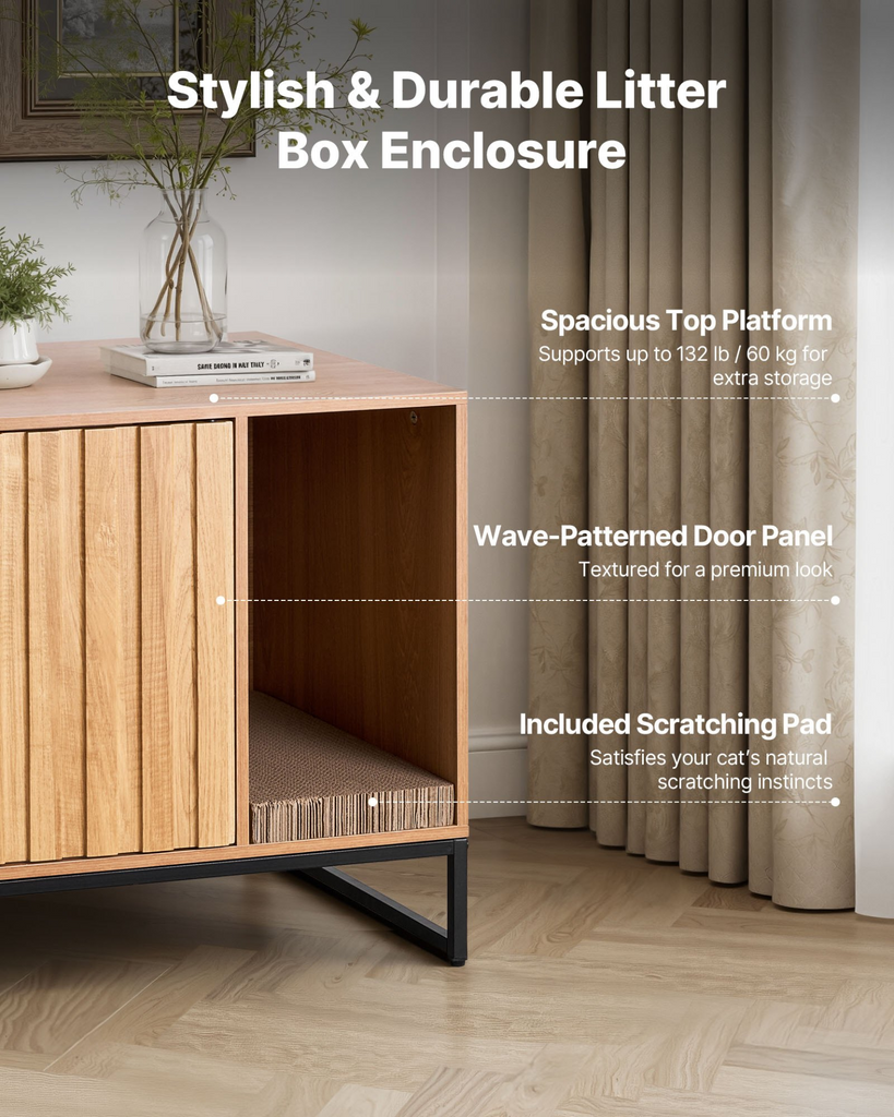 Glamorous Pups : VEVOR Cat Litter Box Enclosure Furniture – 31.5" Hidden Litter Box Cabinet with Scratch Pad & Storage | Waterproof Cat Washroom End Table & Cat House for Bedroom or Living Room