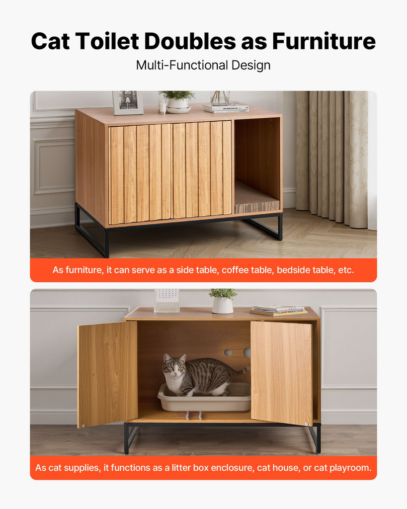 Glamorous Pups : VEVOR Cat Litter Box Enclosure Furniture – 31.5" Hidden Litter Box Cabinet with Scratch Pad & Storage | Waterproof Cat Washroom End Table & Cat House for Bedroom or Living Room