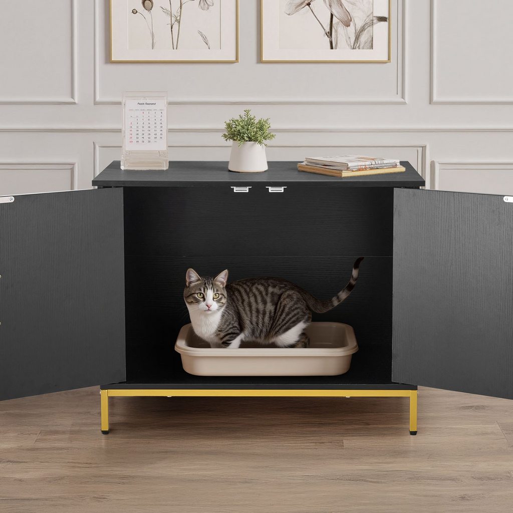 Glamorous Pups : VEVOR Cat Litter Box Enclosure Furniture – 27.6" Modern Hidden Litter Box Cabinet with Metal Legs & Handle | Stylish Cat Washroom End Table for Bedroom or Living Room