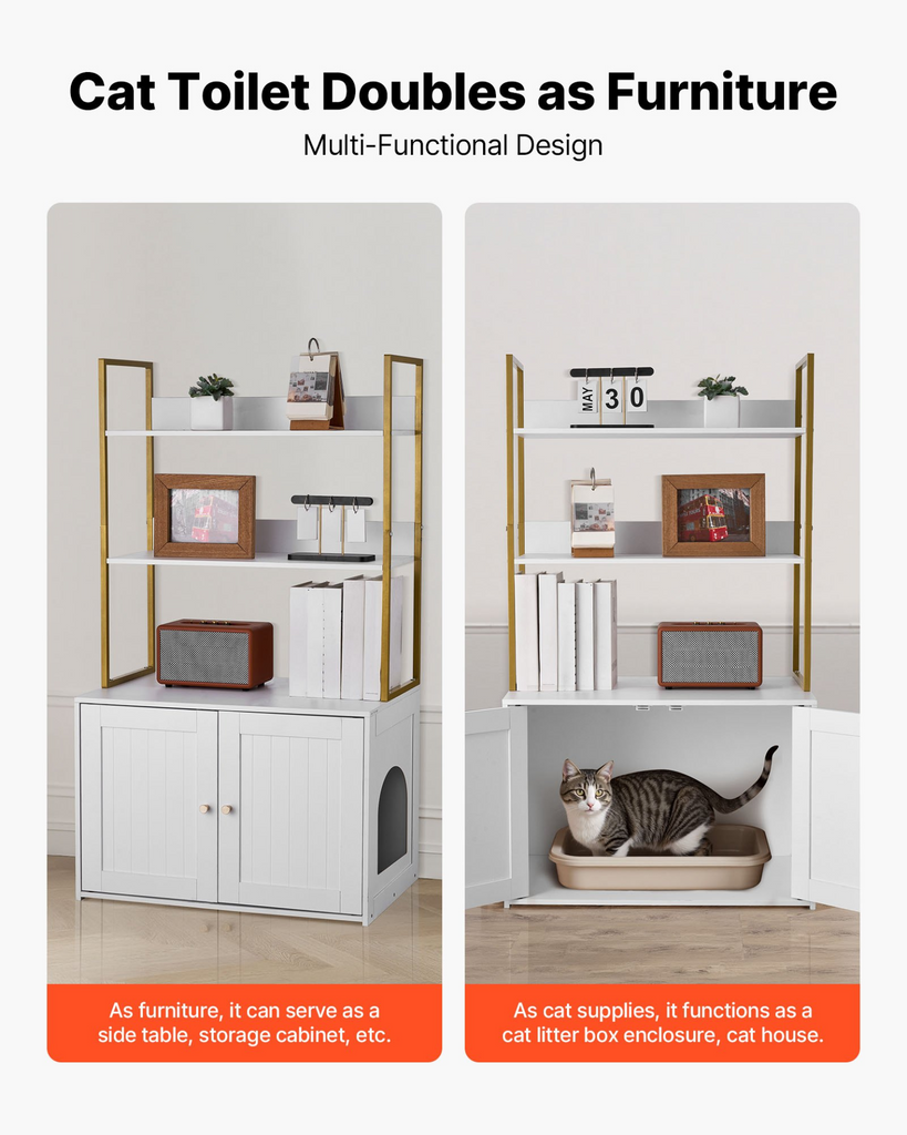 Glamorous Pups : VEVOR Cat Litter Box Enclosure Furniture – 27.6" Hidden Litter Box Cabinet with Metal Legs & 2-Tier Storage Shelves | Waterproof Cat Washroom Cat House for Living Room