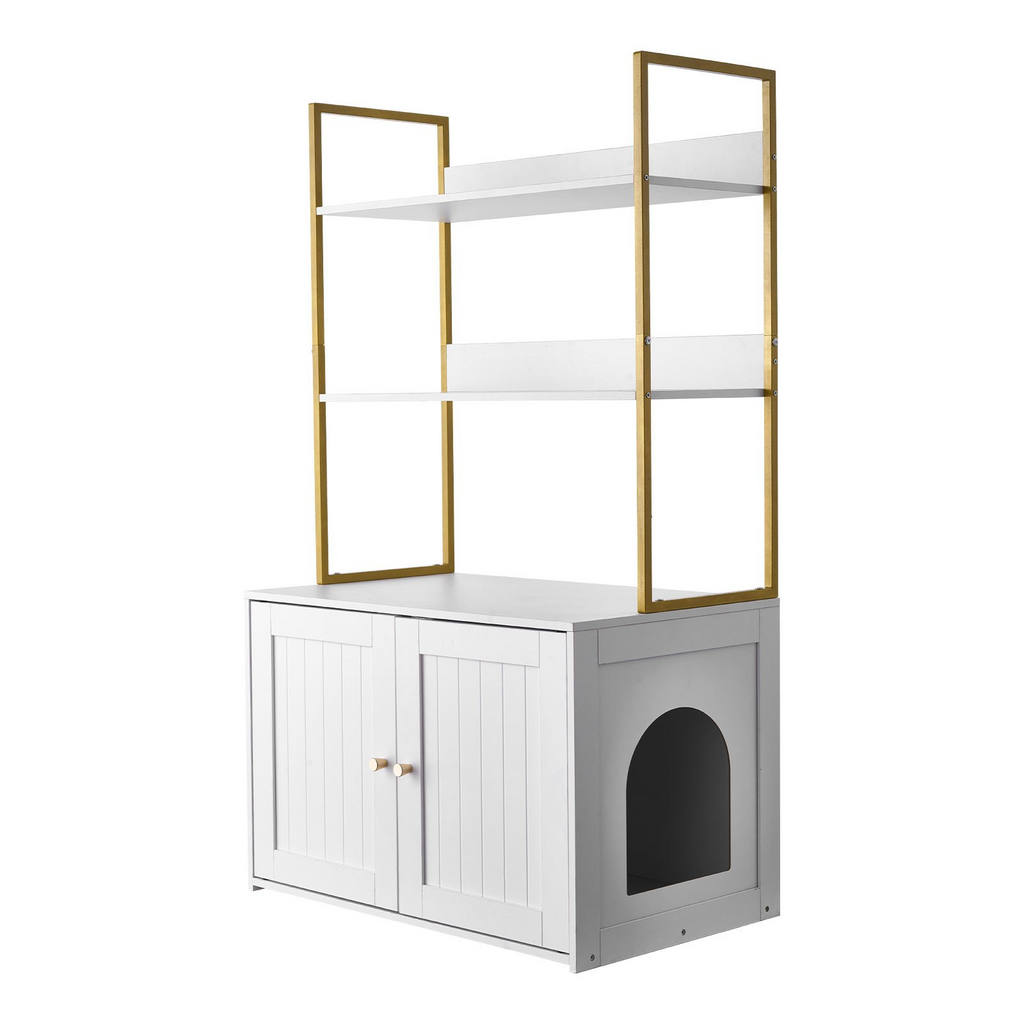 Glamorous Pups : VEVOR Cat Litter Box Enclosure Furniture – 27.6" Hidden Litter Box Cabinet with Metal Legs & 2-Tier Storage Shelves | Waterproof Cat Washroom Cat House for Living Room