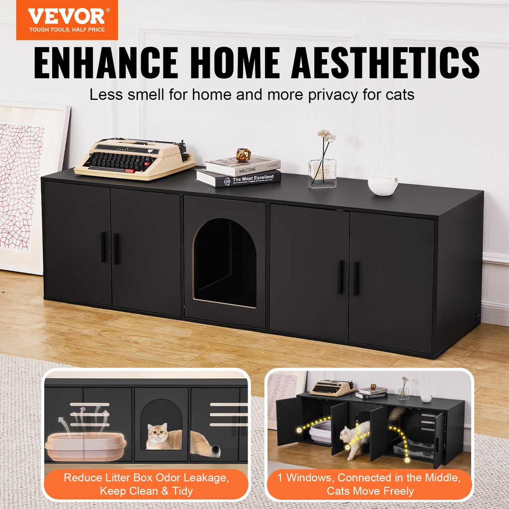 Glamorous Pups : VEVOR Cat Litter Box Enclosure for 2 Cats – 57.9" Double Room Hidden Litter Furniture | Large Black Wooden Cat Washroom Cabinet, TV Stand & Pet House Combo