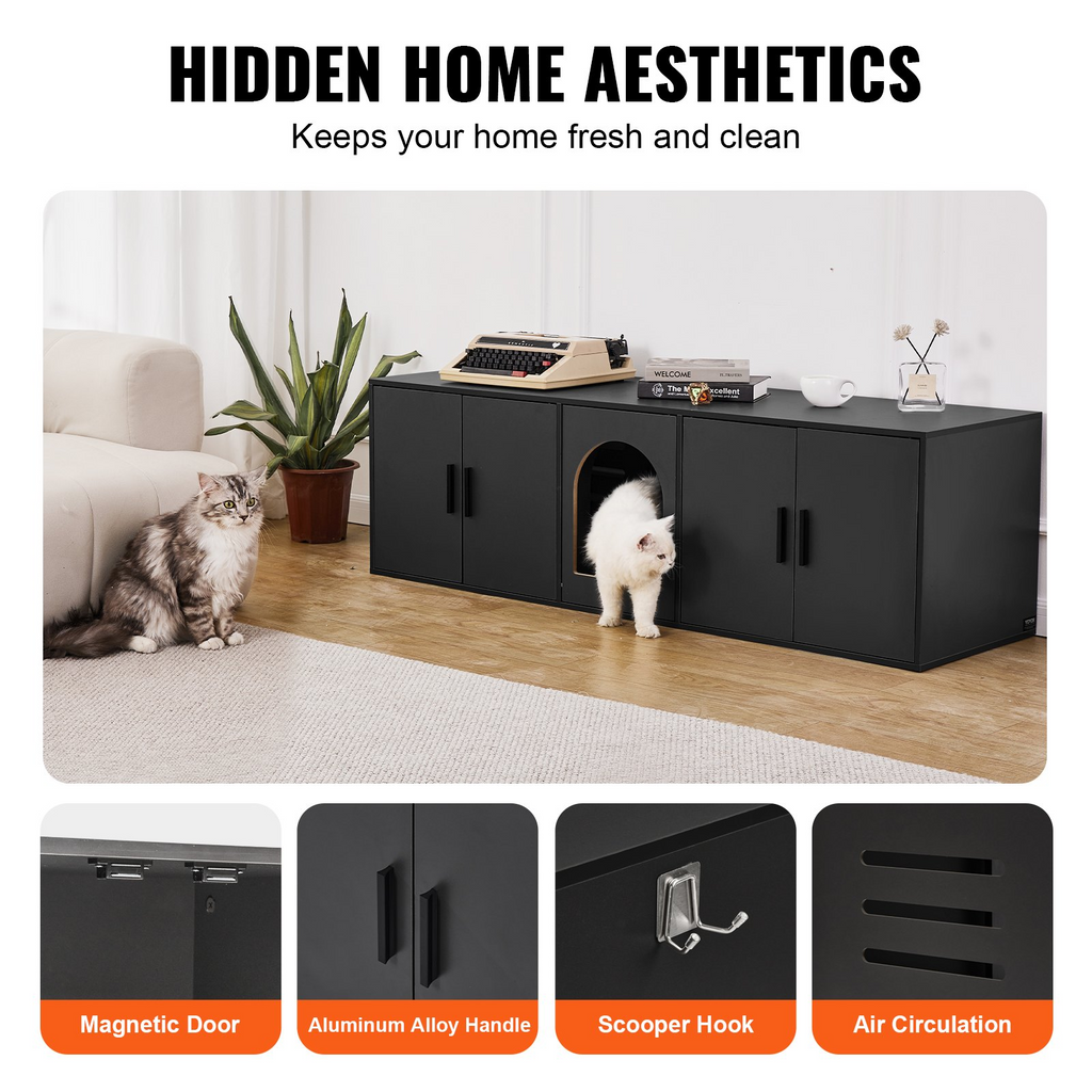 Glamorous Pups : VEVOR Cat Litter Box Enclosure for 2 Cats – 57.9" Double Room Hidden Litter Furniture | Large Black Wooden Cat Washroom Cabinet, TV Stand & Pet House Combo