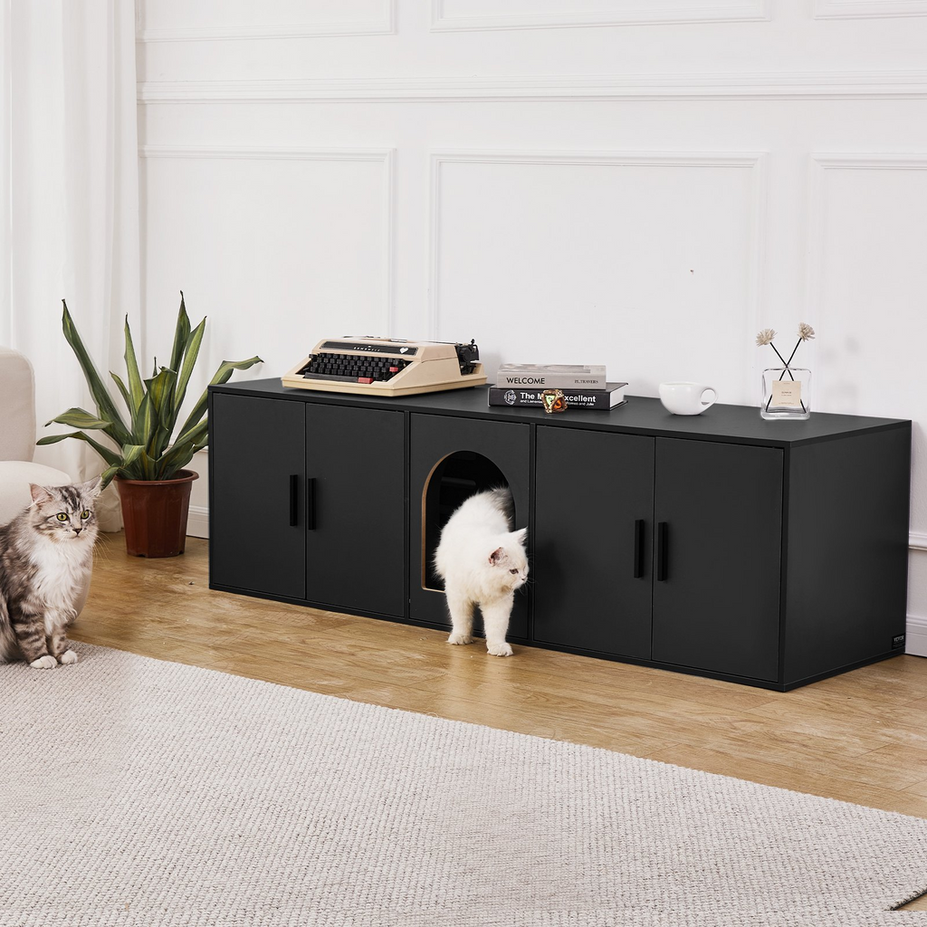 Glamorous Pups : VEVOR Cat Litter Box Enclosure for 2 Cats – 57.9" Double Room Hidden Litter Furniture | Large Black Wooden Cat Washroom Cabinet, TV Stand & Pet House Combo