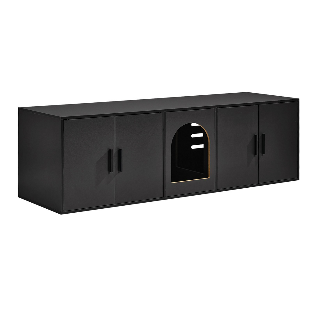 Glamorous Pups : VEVOR Cat Litter Box Enclosure for 2 Cats – 57.9" Double Room Hidden Litter Furniture | Large Black Wooden Cat Washroom Cabinet, TV Stand & Pet House Combo