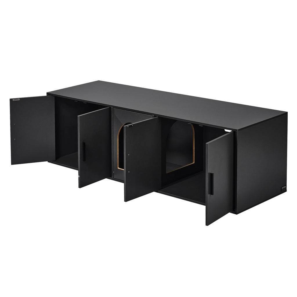 Glamorous Pups : VEVOR Cat Litter Box Enclosure for 2 Cats – 57.9" Double Room Hidden Litter Furniture | Large Black Wooden Cat Washroom Cabinet, TV Stand & Pet House Combo