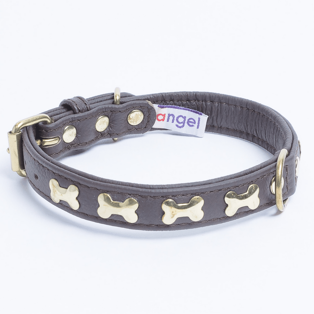 Glamorous Pups : Rotterdam Bones Leather Dog Collar – Classic Genuine Leather Collar with Metal Bone Accents & Center D-Ring for Style and Control