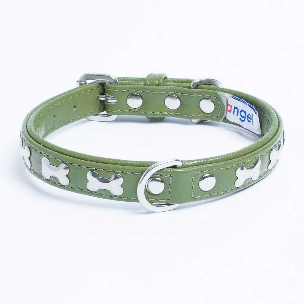 Glamorous Pups : Rotterdam Bones Leather Dog Collar – Classic Genuine Leather Collar with Metal Bone Accents & Center D-Ring for Style and Control