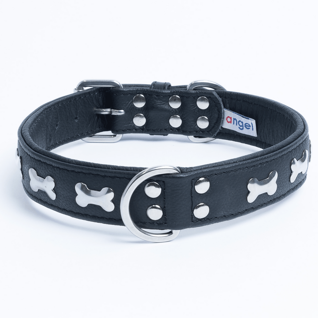 Glamorous Pups : Rotterdam Bones Leather Dog Collar – Classic Genuine Leather Collar with Metal Bone Accents & Center D-Ring for Style and Control