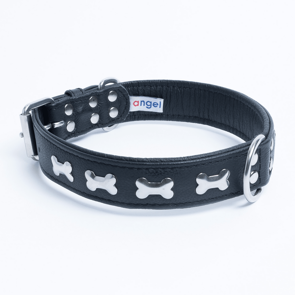 Glamorous Pups : Rotterdam Bones Leather Dog Collar – Classic Genuine Leather Collar with Metal Bone Accents & Center D-Ring for Style and Control