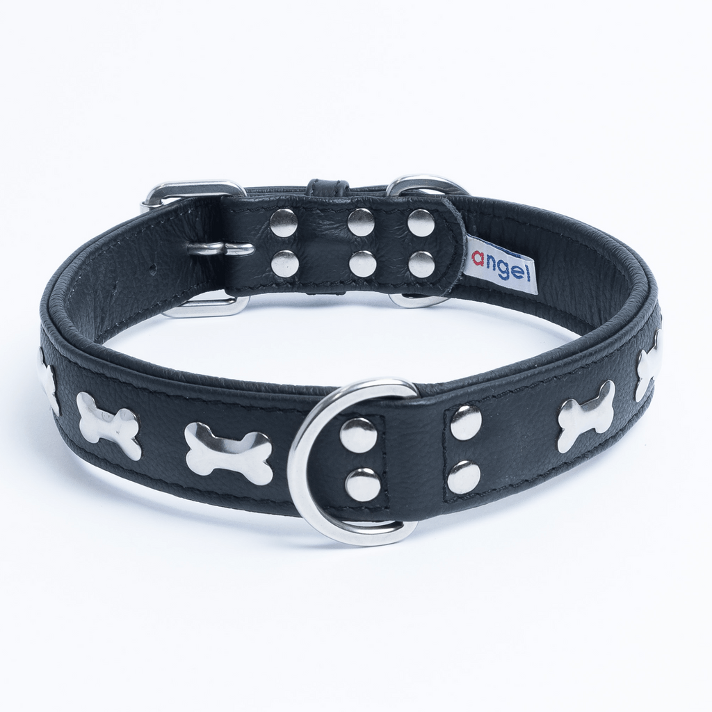 Glamorous Pups : Rotterdam Bones Leather Dog Collar – Classic Genuine Leather Collar with Metal Bone Accents & Center D-Ring for Style and Control