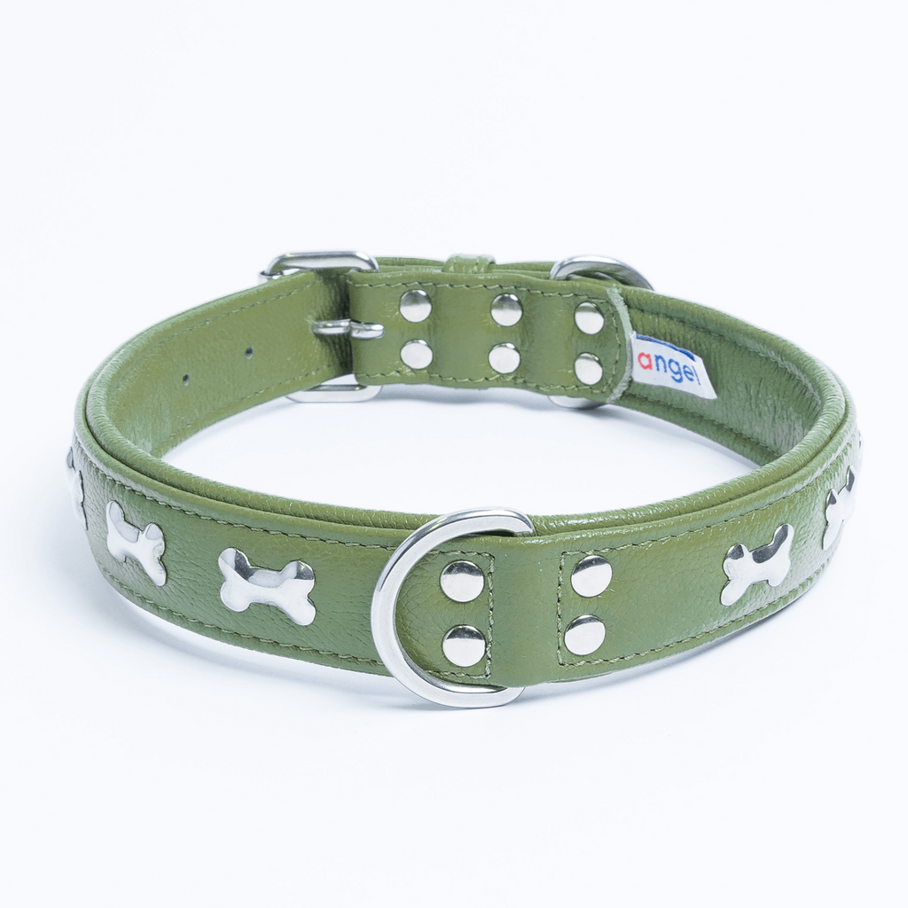 Glamorous Pups : Rotterdam Bones Leather Dog Collar – Classic Genuine Leather Collar with Metal Bone Accents & Center D-Ring for Style and Control