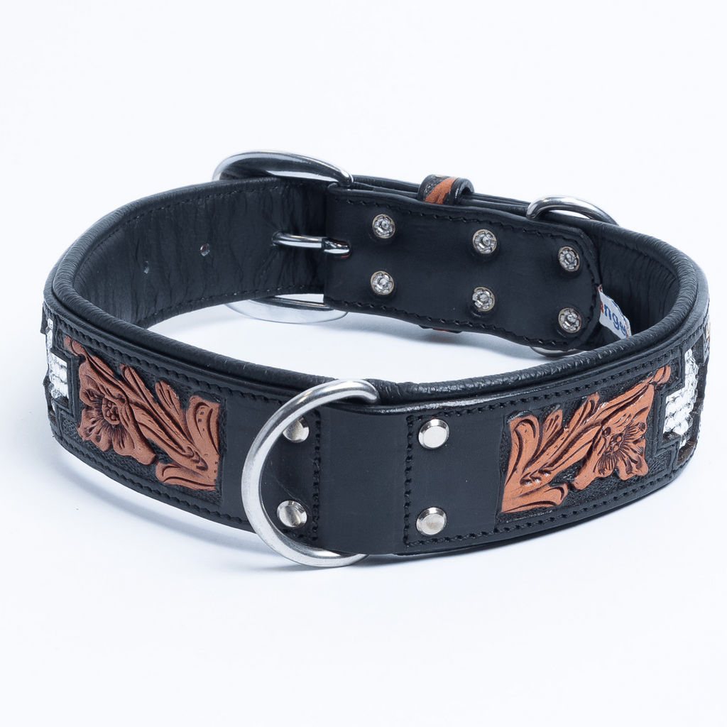 Glamorous Pups : El Dorado Hand-Carved Leather Crystal Cross Dog Collar – Luxury Padded Argentinean Leather with Stainless Hardware