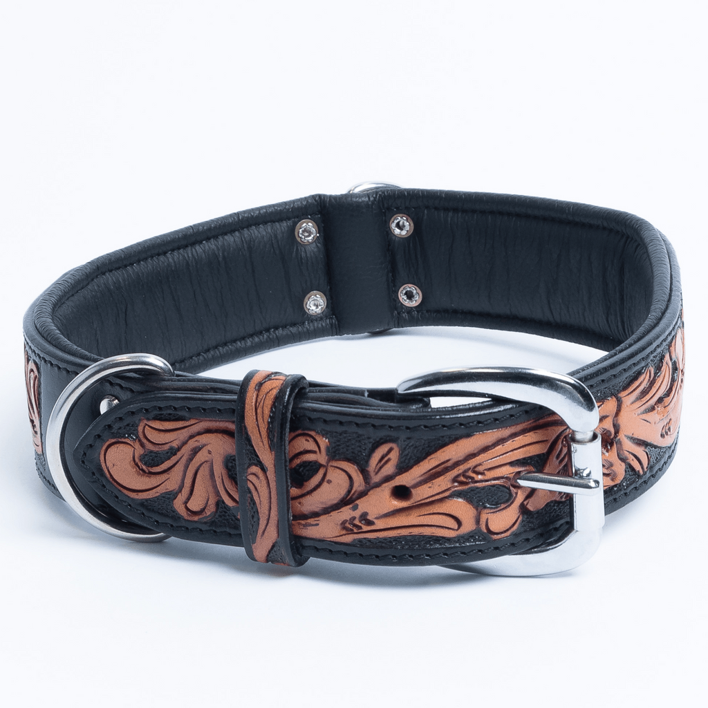 Glamorous Pups : El Dorado Hand-Carved Leather Crystal Cross Dog Collar – Luxury Padded Argentinean Leather with Stainless Hardware