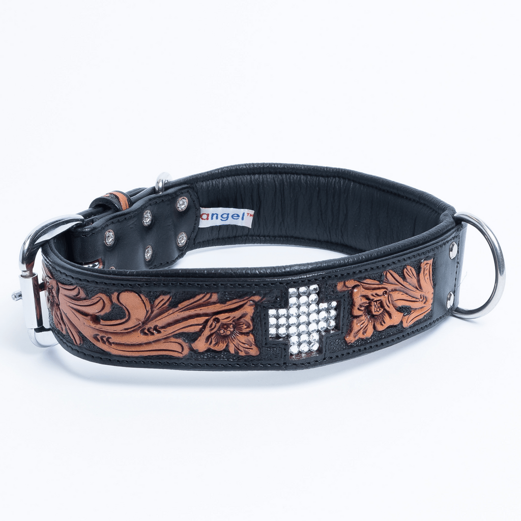 Glamorous Pups : El Dorado Hand-Carved Leather Crystal Cross Dog Collar – Luxury Padded Argentinean Leather with Stainless Hardware