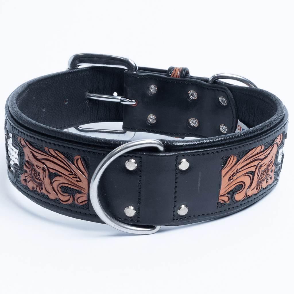 Glamorous Pups : El Dorado Hand-Carved Leather Crystal Cross Dog Collar – Luxury Padded Argentinean Leather with Stainless Hardware