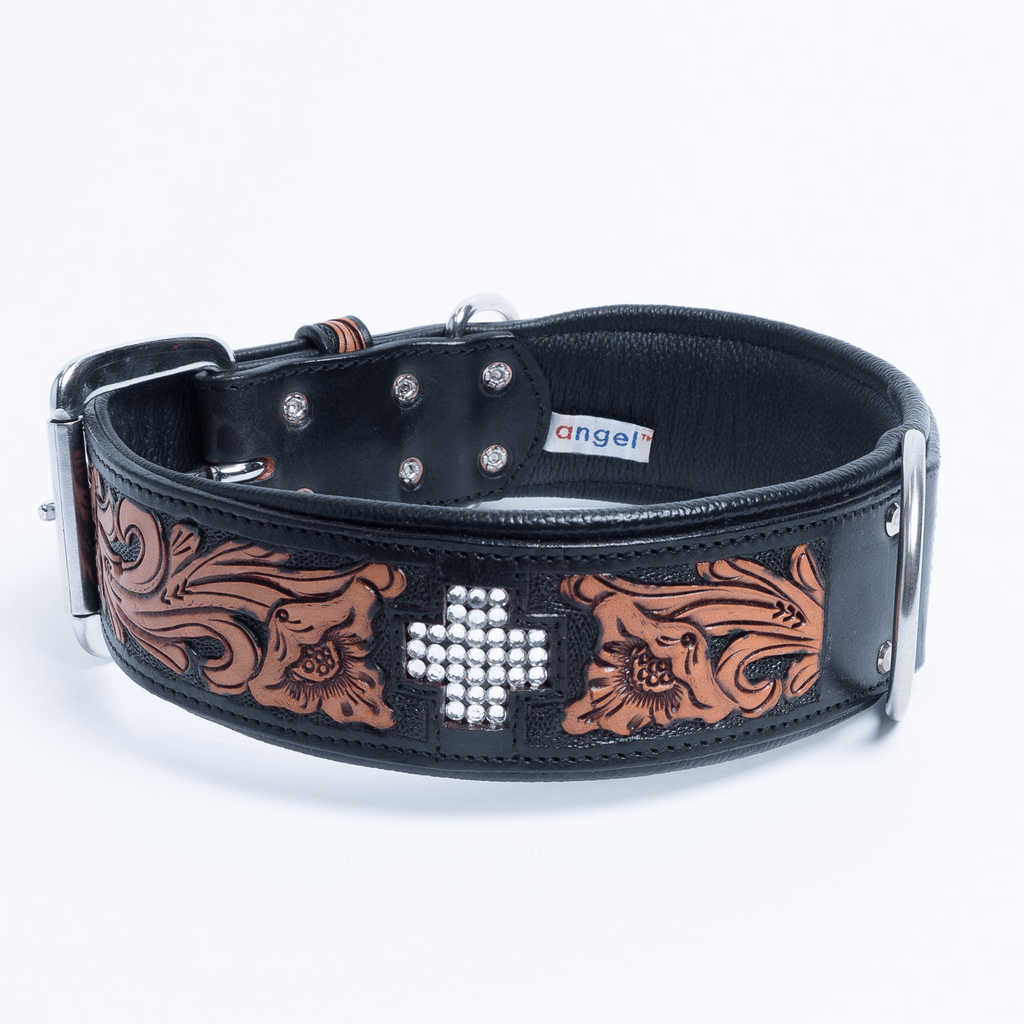 Glamorous Pups : El Dorado Hand-Carved Leather Crystal Cross Dog Collar – Luxury Padded Argentinean Leather with Stainless Hardware