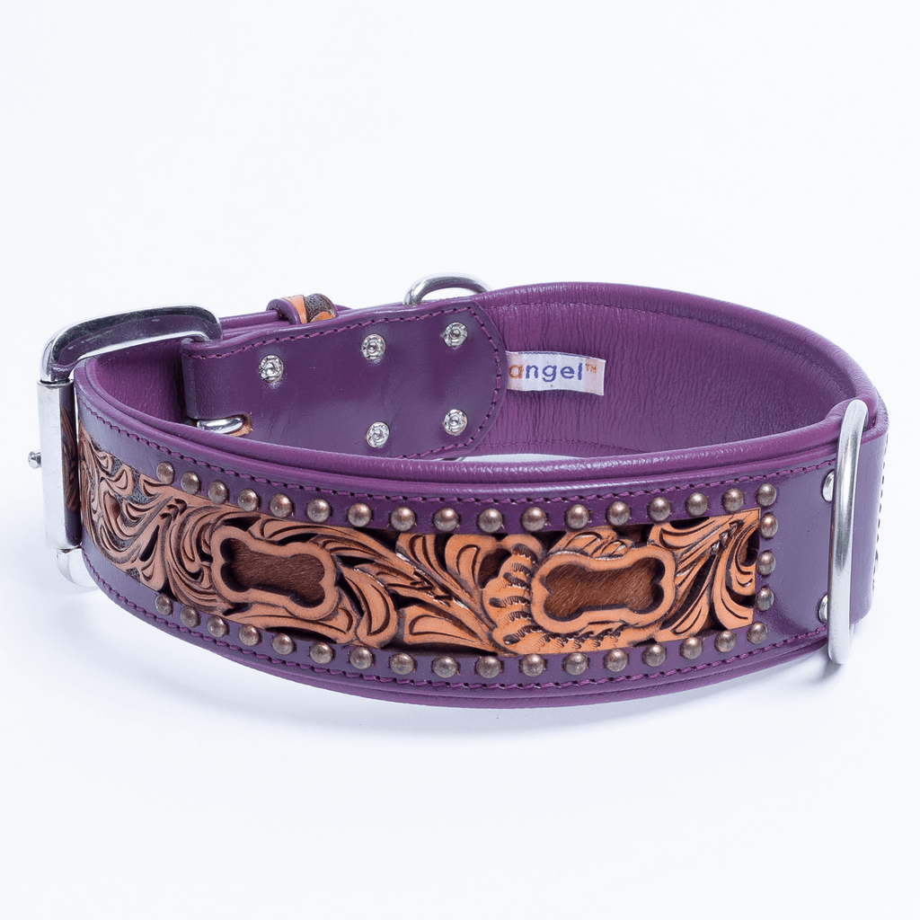 Glamorous Pups : San Antonio Hand-Carved Leather Dog Collar – Western Bone Cutout Design with Hair-On Leather, Brass Studs & Padded Comfort