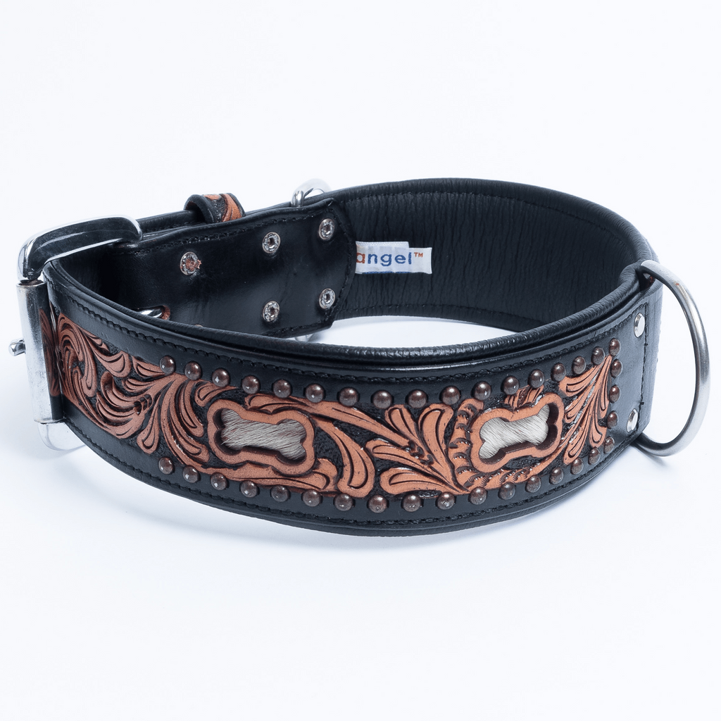 Glamorous Pups : San Antonio Hand-Carved Leather Dog Collar – Western Bone Cutout Design with Hair-On Leather, Brass Studs & Padded Comfort