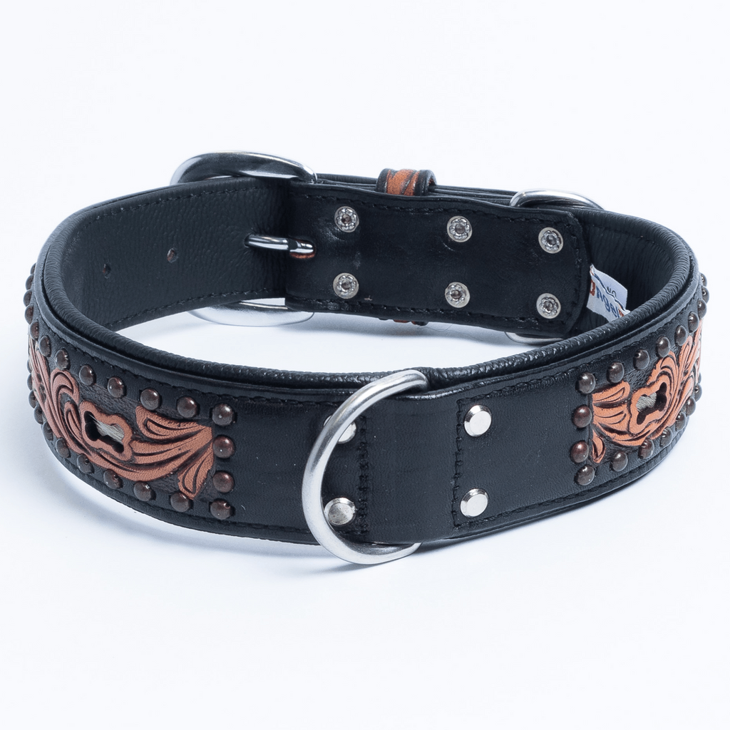 Glamorous Pups : San Antonio Hand-Carved Leather Dog Collar – Western Bone Cutout Design with Hair-On Leather, Brass Studs & Padded Comfort