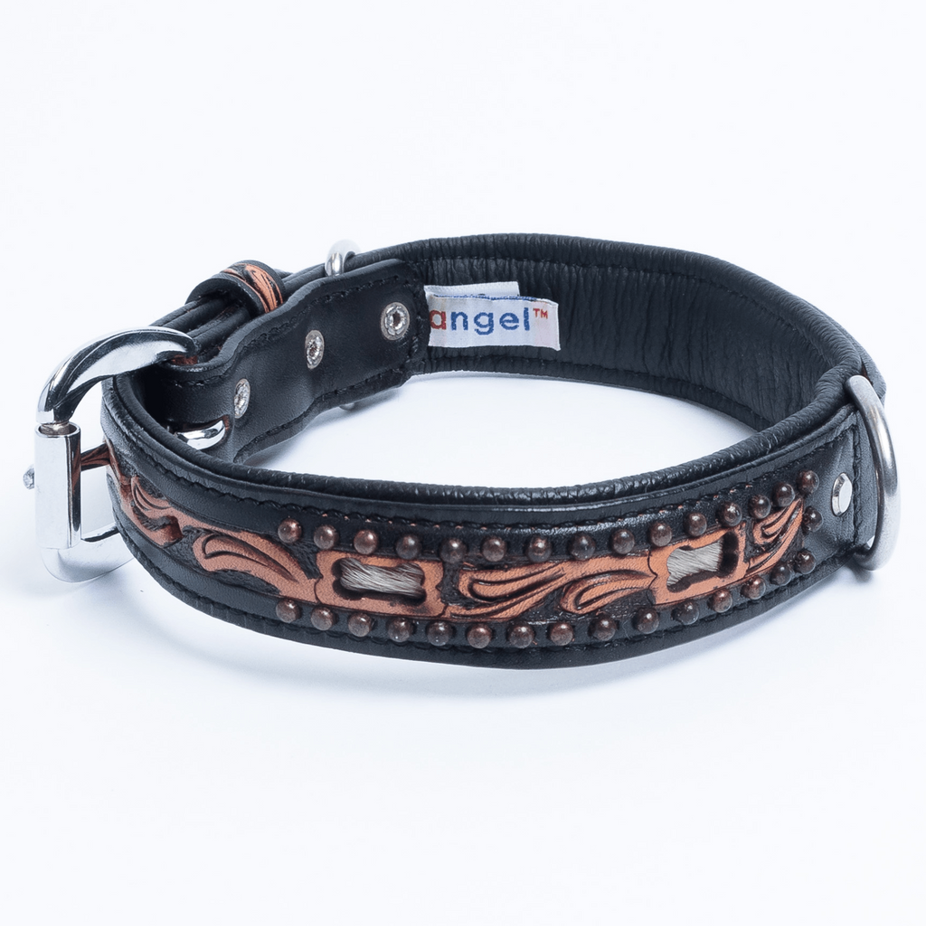Glamorous Pups : San Antonio Hand-Carved Leather Dog Collar – Western Bone Cutout Design with Hair-On Leather, Brass Studs & Padded Comfort