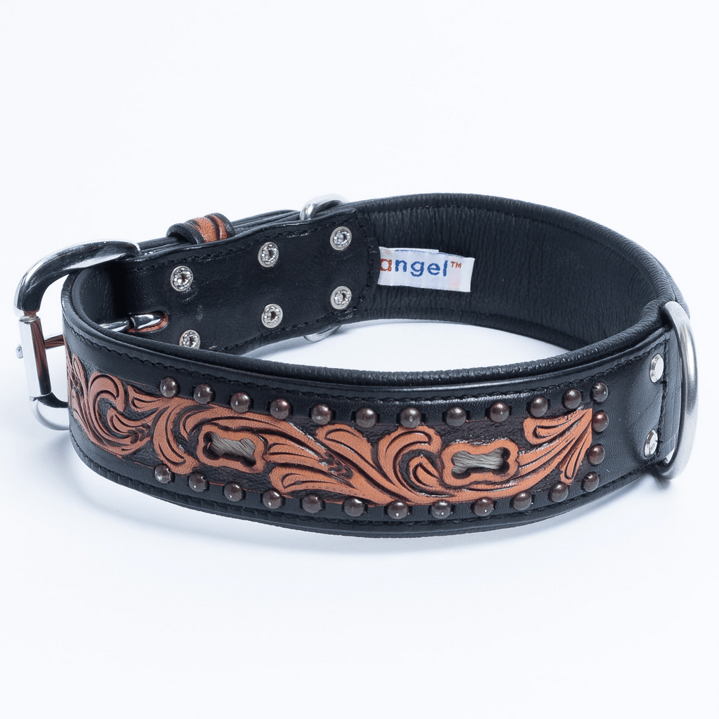 Glamorous Pups : San Antonio Hand-Carved Leather Dog Collar – Western Bone Cutout Design with Hair-On Leather, Brass Studs & Padded Comfort