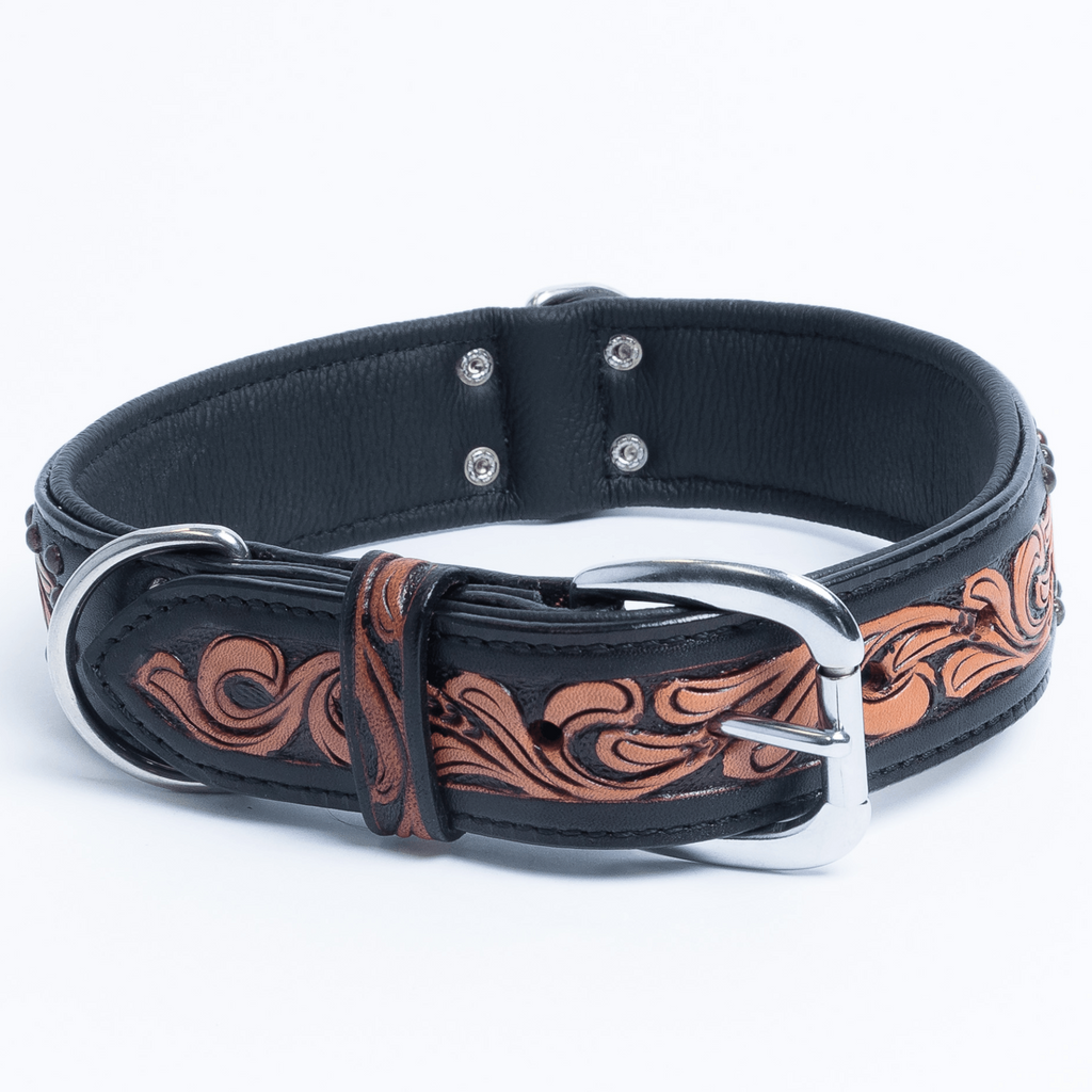 Glamorous Pups : San Antonio Hand-Carved Leather Dog Collar – Western Bone Cutout Design with Hair-On Leather, Brass Studs & Padded Comfort