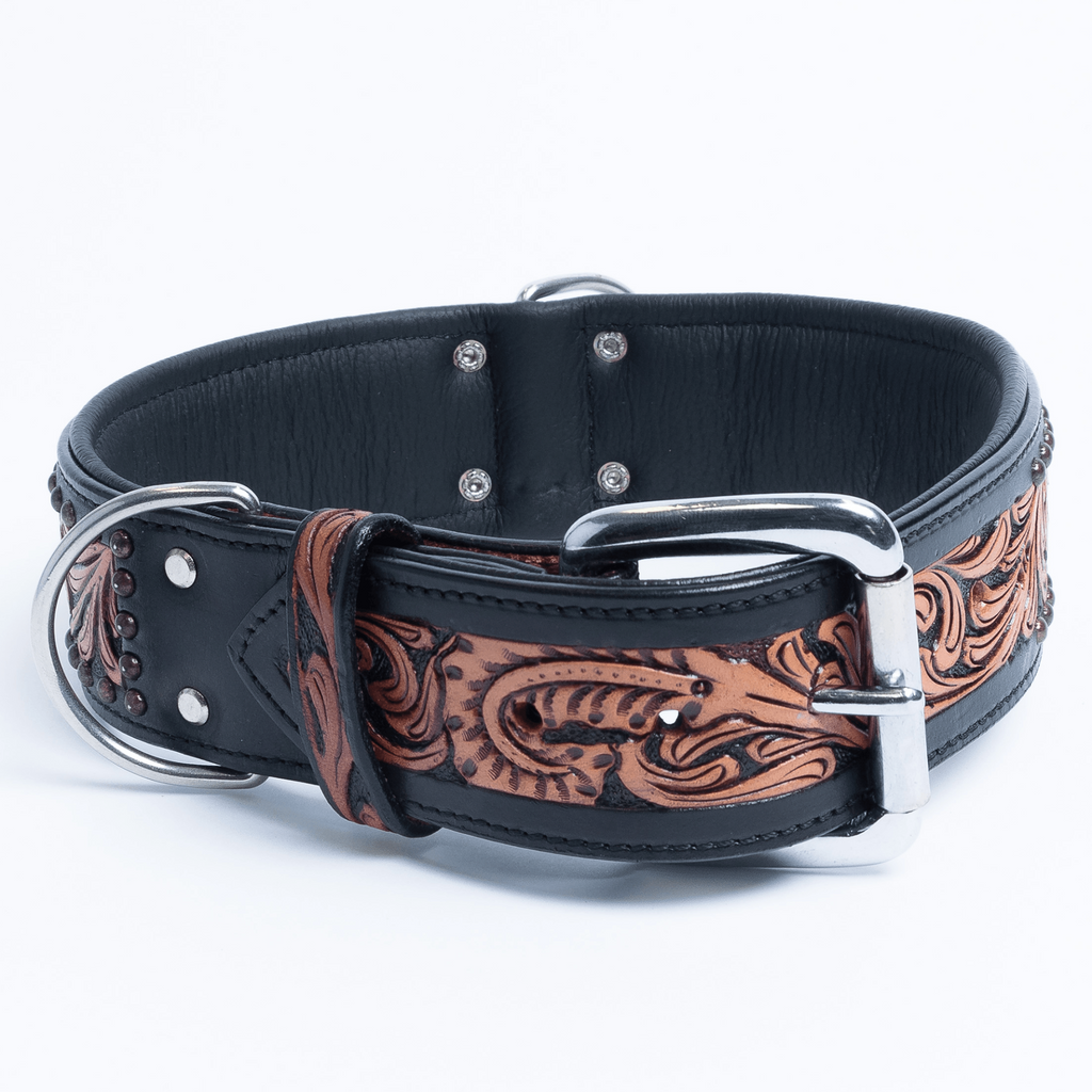 Glamorous Pups : San Antonio Hand-Carved Leather Dog Collar – Western Bone Cutout Design with Hair-On Leather, Brass Studs & Padded Comfort