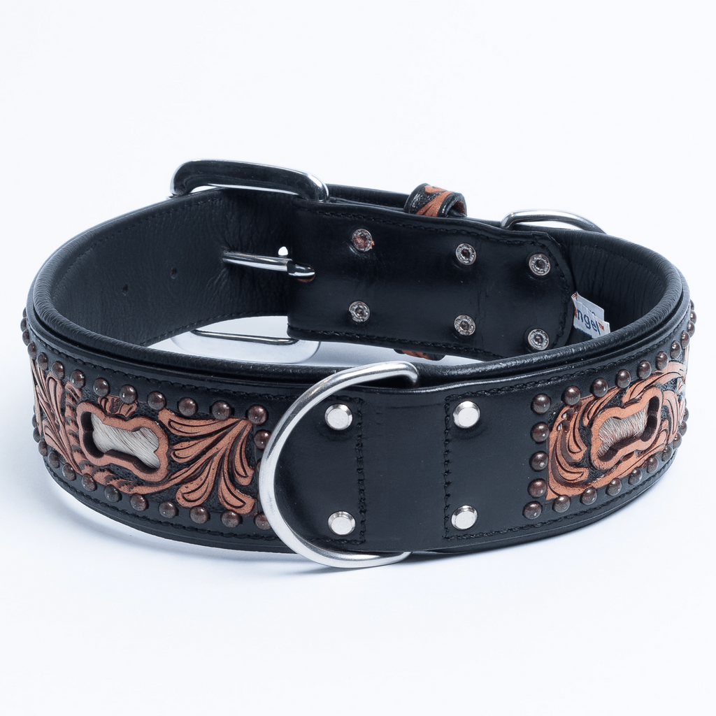Glamorous Pups : San Antonio Hand-Carved Leather Dog Collar – Western Bone Cutout Design with Hair-On Leather, Brass Studs & Padded Comfort