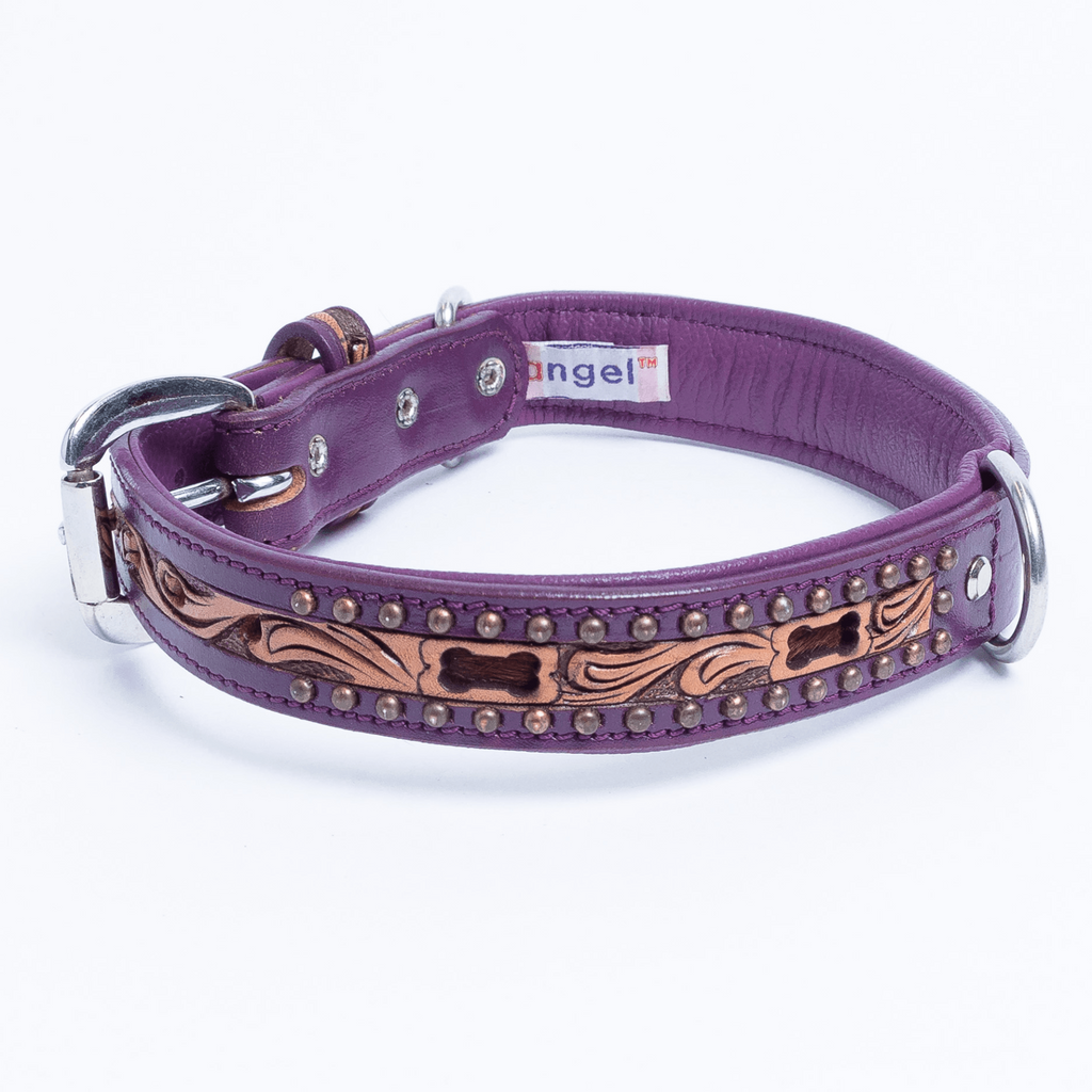 Glamorous Pups : San Antonio Hand-Carved Leather Dog Collar – Western Bone Cutout Design with Hair-On Leather, Brass Studs & Padded Comfort