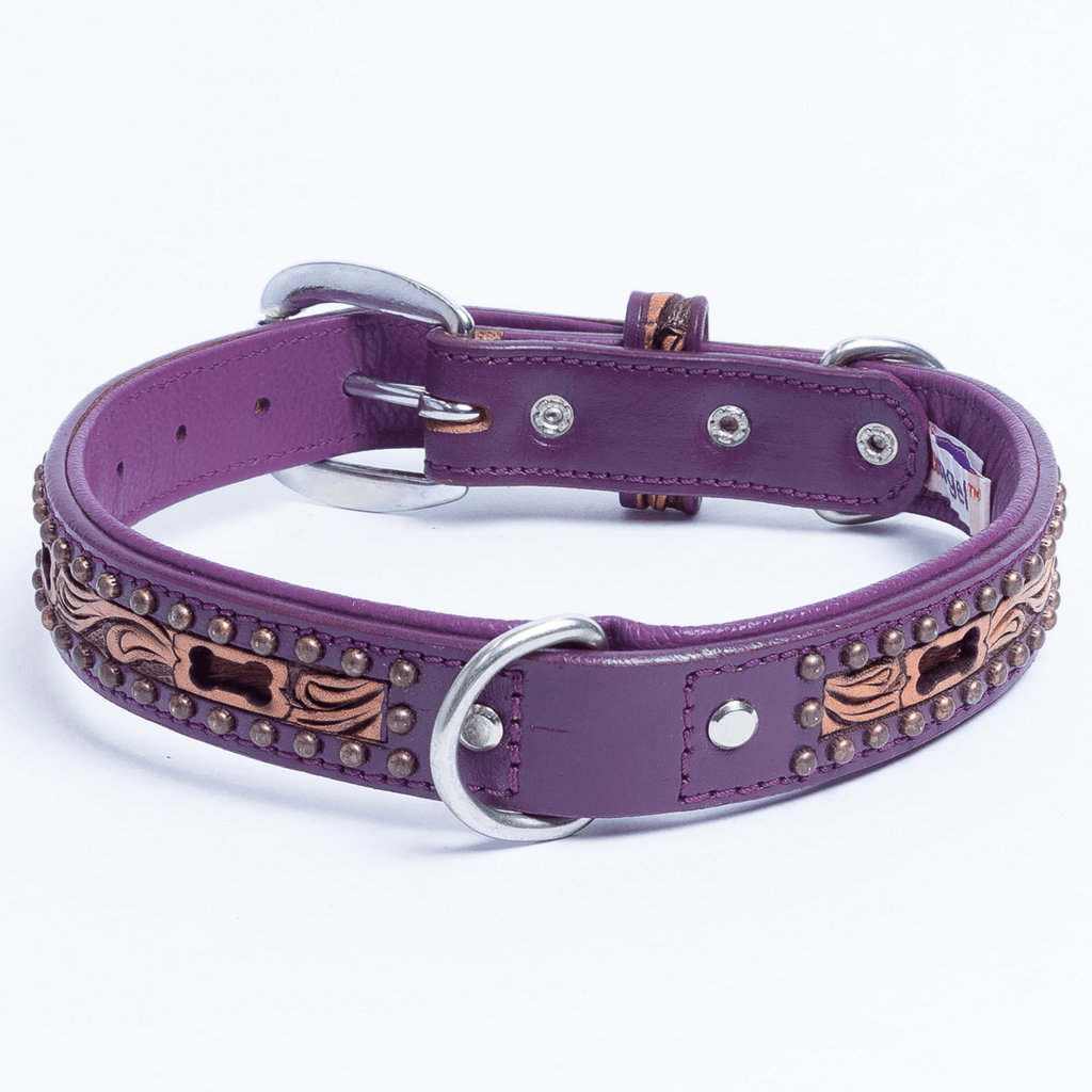 Glamorous Pups : San Antonio Hand-Carved Leather Dog Collar – Western Bone Cutout Design with Hair-On Leather, Brass Studs & Padded Comfort
