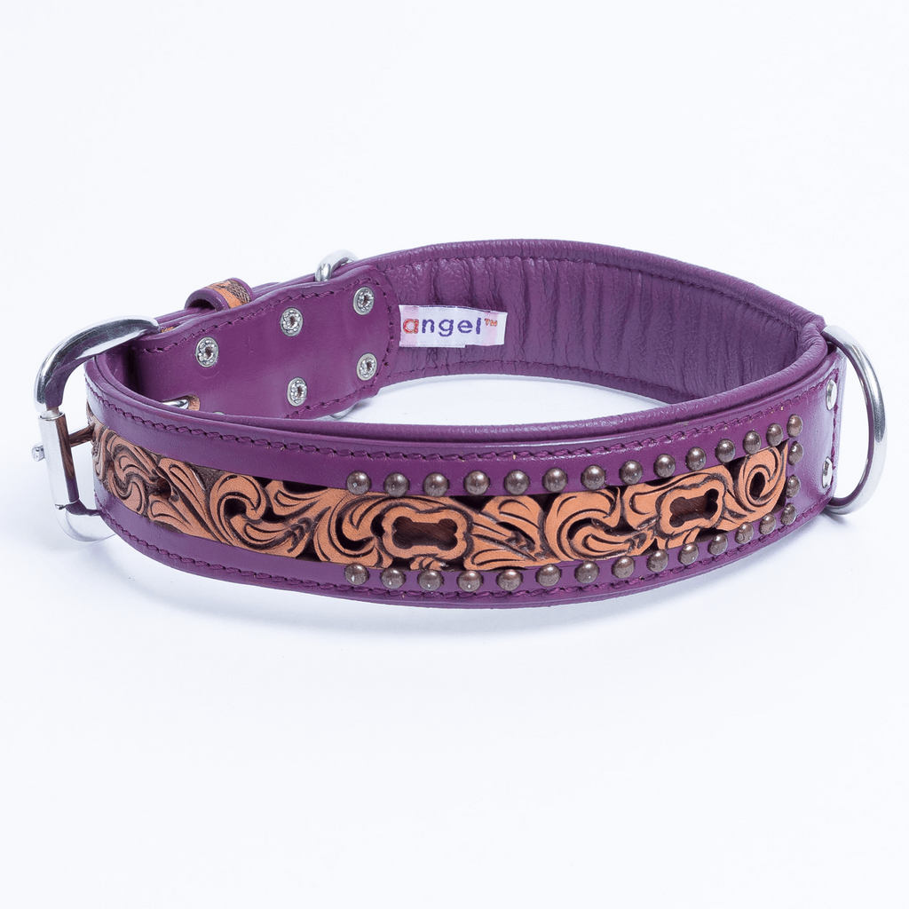 Glamorous Pups : San Antonio Hand-Carved Leather Dog Collar – Western Bone Cutout Design with Hair-On Leather, Brass Studs & Padded Comfort