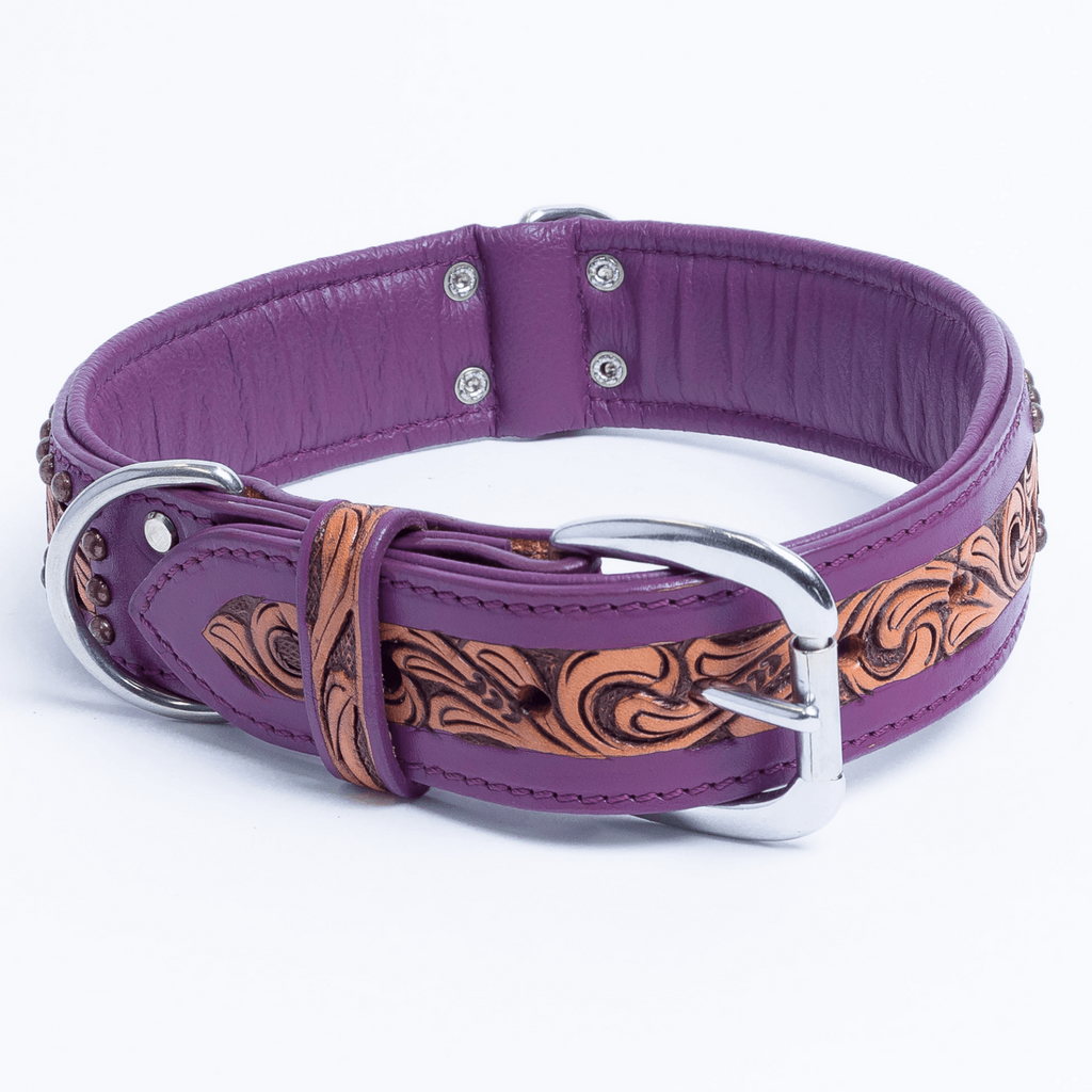 Glamorous Pups : San Antonio Hand-Carved Leather Dog Collar – Western Bone Cutout Design with Hair-On Leather, Brass Studs & Padded Comfort