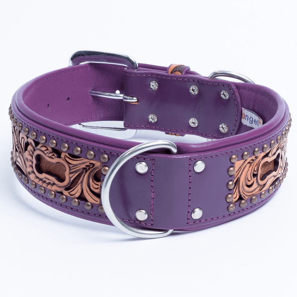 Glamorous Pups : San Antonio Hand-Carved Leather Dog Collar – Western Bone Cutout Design with Hair-On Leather, Brass Studs & Padded Comfort