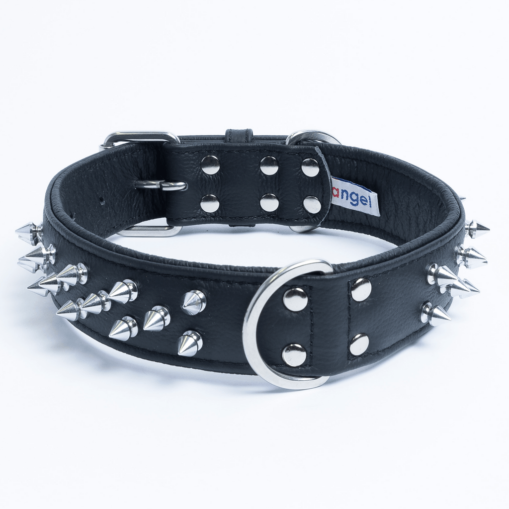 Glamorous Pups : Amsterdam Multi-Line Spiked Leather Dog Collar – Luxury Genuine Leather Power Collar with Stainless Steel Hardware
