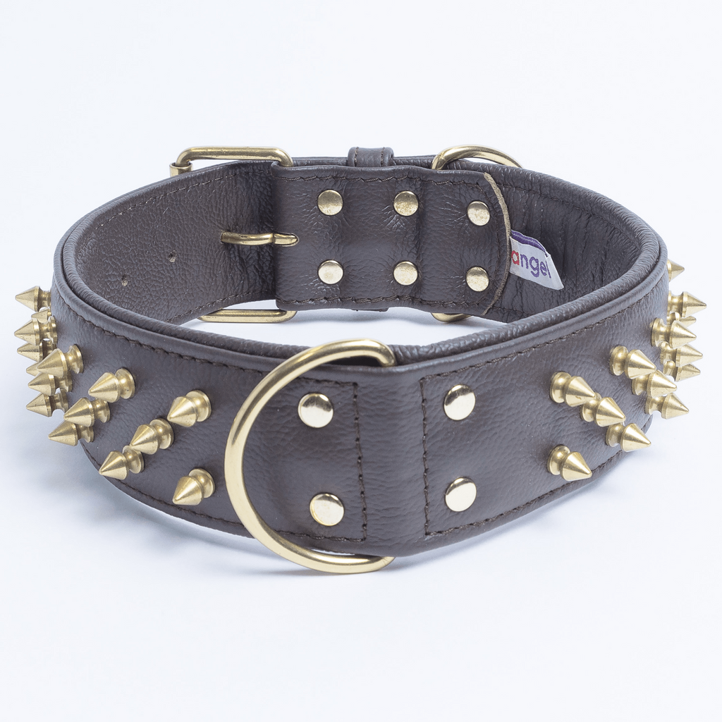 Glamorous Pups : Amsterdam Multi-Line Spiked Leather Dog Collar – Luxury Genuine Leather Power Collar with Stainless Steel Hardware