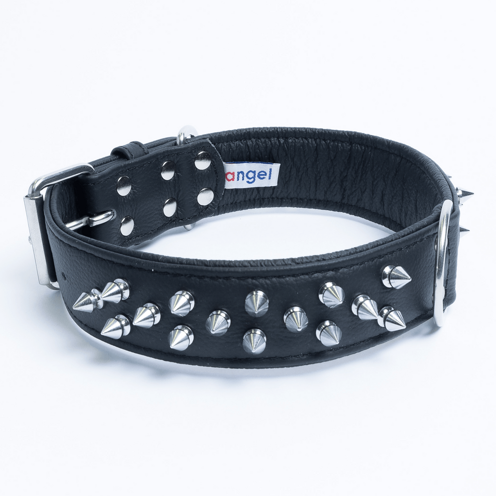Glamorous Pups : Amsterdam Multi-Line Spiked Leather Dog Collar – Luxury Genuine Leather Power Collar with Stainless Steel Hardware