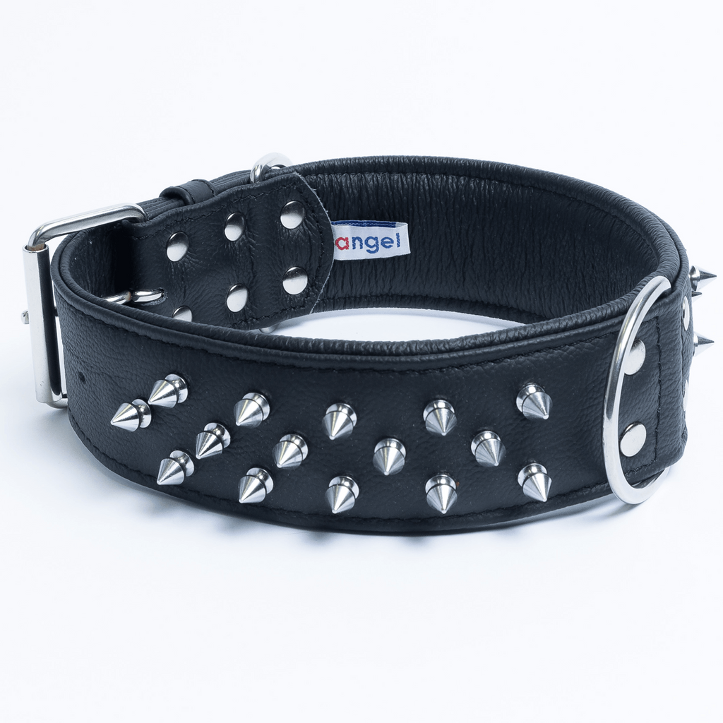 Glamorous Pups : Amsterdam Multi-Line Spiked Leather Dog Collar – Luxury Genuine Leather Power Collar with Stainless Steel Hardware