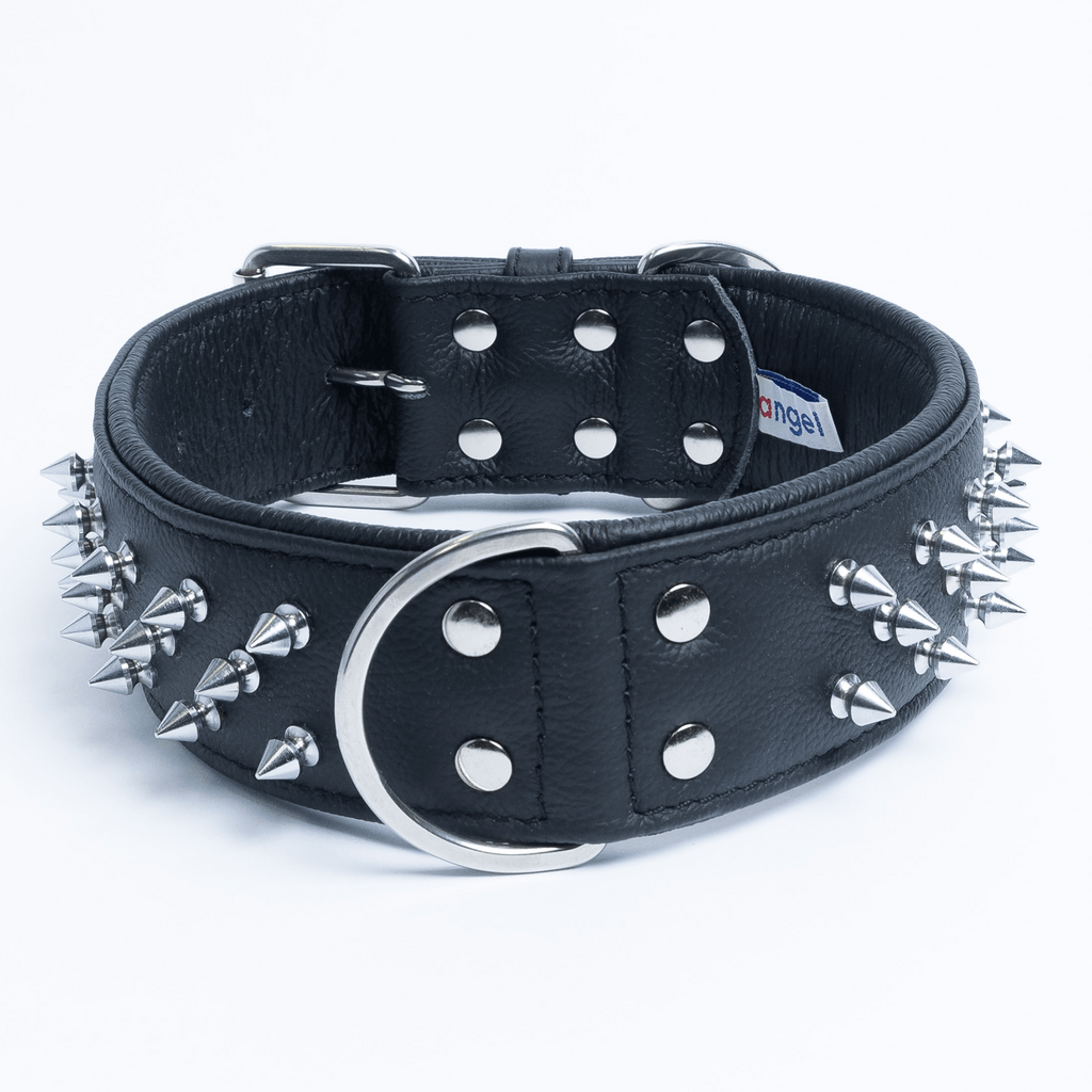 Glamorous Pups : Amsterdam Multi-Line Spiked Leather Dog Collar – Luxury Genuine Leather Power Collar with Stainless Steel Hardware